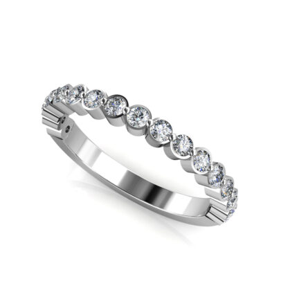 Perspective view of white gold or platinum bezel-set diamond half eternity band