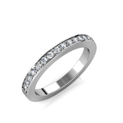 Perspective view of white gold or platinum pave diamond half eternity band
