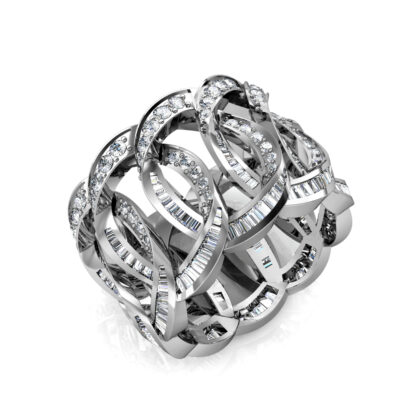 Perspective view of white gold or platinum interlocking loop baguette diamond wide ring