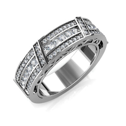 Perspective view of white gold or platinum wide channel and pave diamond band