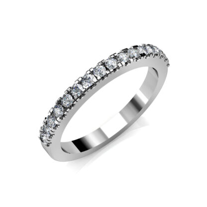 Perspective view of white gold or platinum shared-prong diamond half eternity band