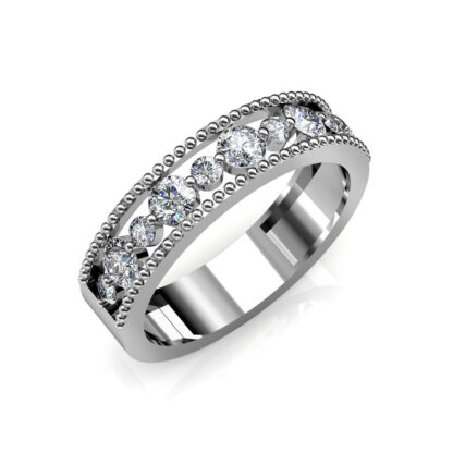 Perspective view of white gold or platinum beaded milgrain graduated diamond band