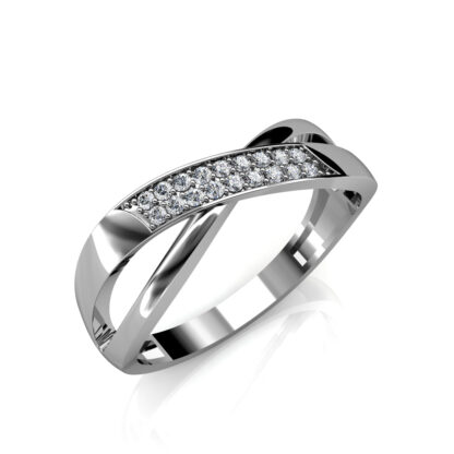 Perspective view of white gold or platinum pave diamond crossover wedding ring