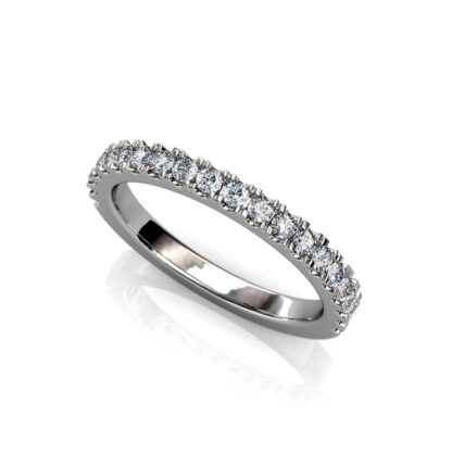 Perspective view of white gold or platinum prong-set diamond half eternity ring