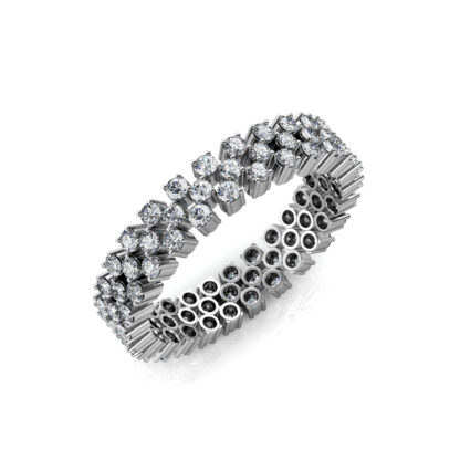 Perspective view of white gold or platinum double row staggered diamond eternity band