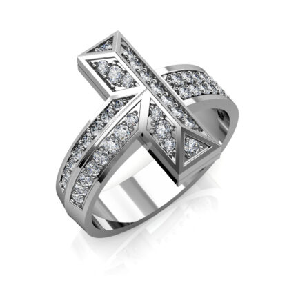 Perspective view of white gold or platinum pave diamond T shape statement ring