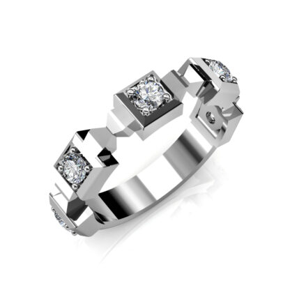 Perspective view of white gold or platinum geometric block bezel diamond band