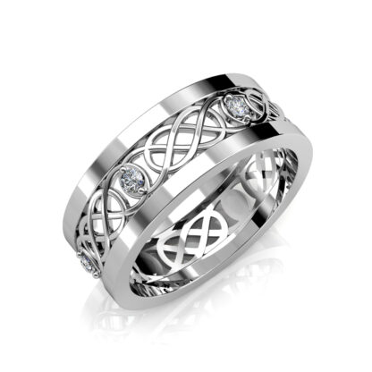 Perspective view of white gold or platinum Celtic knot openwork diamond band