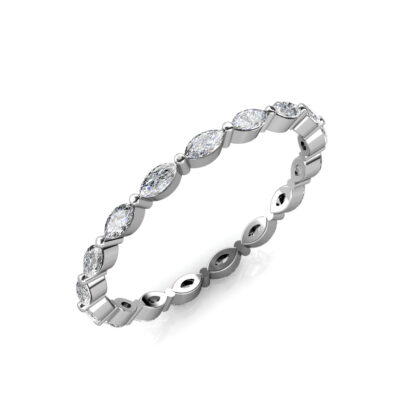 Perspective view of white gold or platinum marquise diamond station eternity ring