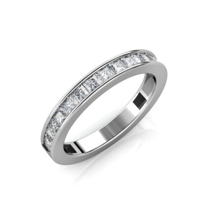 Perspective view of white gold or platinum princess cut channel-set diamond band ring
