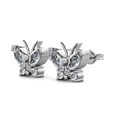 Butterfly diamond stud earrings in white gold or platinum with marquise diamond wings