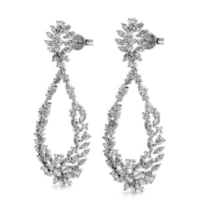 Perspective view of white gold or platinum marquise diamond open teardrop earring