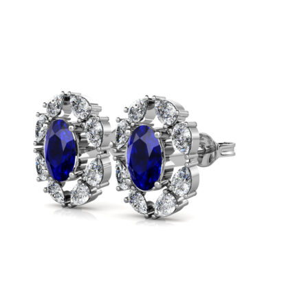 White gold sapphire diamond halo stud earrings, perspective view