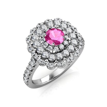 Perspective view of white gold or platinum pink sapphire diamond triple halo ring