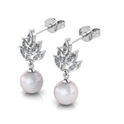 Perspective view of white gold marquise diamond leaf pearl drop earring