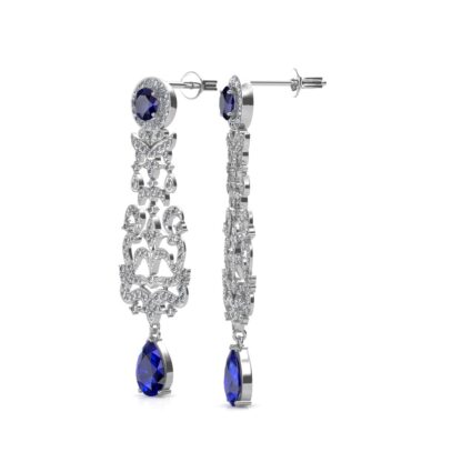 Side view of white gold sapphire diamond chandelier earrings showing the pear sapphire drop