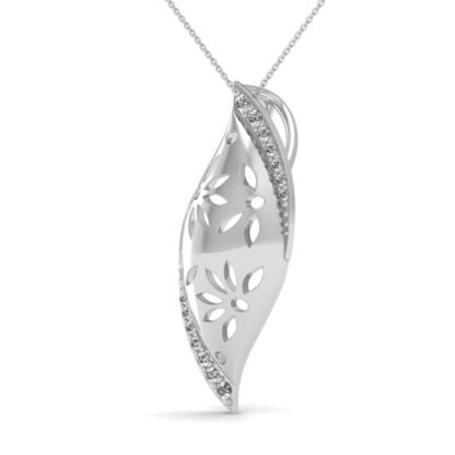 Side profile of white gold leaf pendant showing the diamond edge depth
