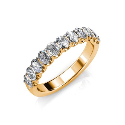 Perspective view of yellow gold oval diamond half eternity ring