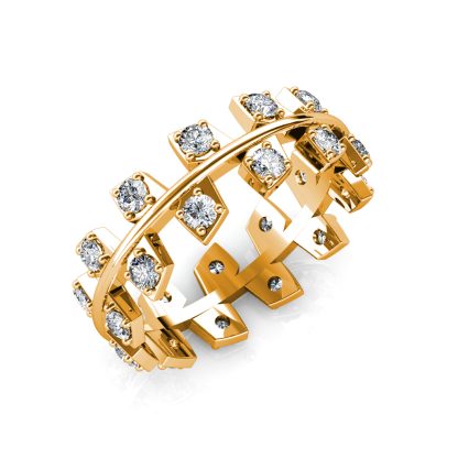 Perspective view of yellow gold staggered square bezel diamond band
