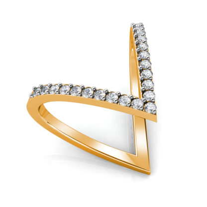 Perspective view of yellow gold elongated V pave diamond ring