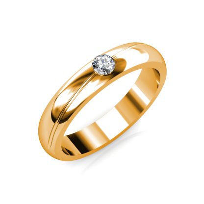 Perspective view of yellow gold flush-set diamond solitaire domed band