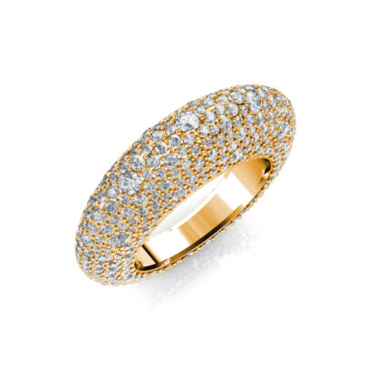 Perspective view of yellow gold full pave diamond dome ring