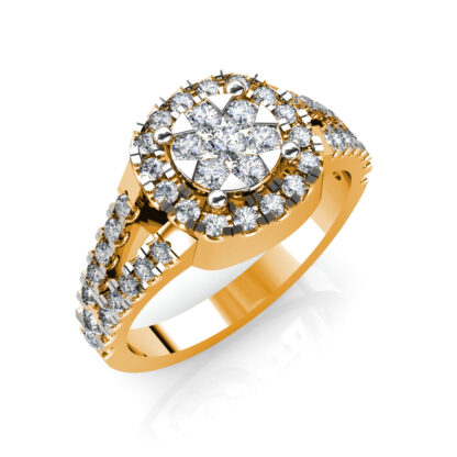 Perspective view of yellow gold illusion cluster halo split shank ring