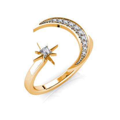 Perspective view of yellow gold crescent moon and star diamond ring