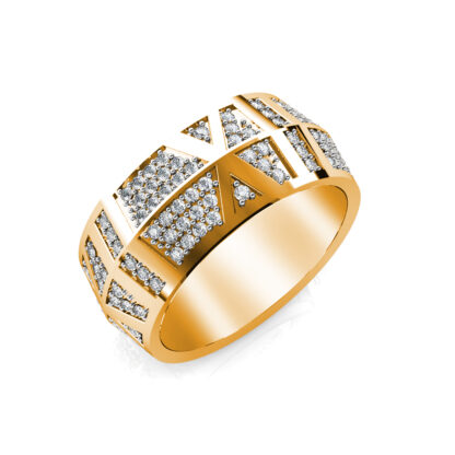 Perspective view of yellow gold wide pave diamond panel band