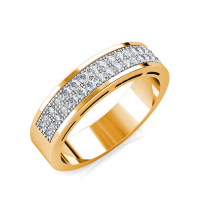 Perspective view of yellow gold wide two-row pave diamond slotted band