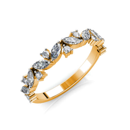 Perspective view of yellow gold marquise diamond leaf vine band
