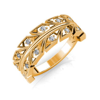 Perspective view of yellow gold milgrain leaf pattern diamond band