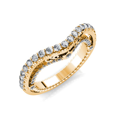Perspective view of yellow gold curved pave diamond contour wedding band