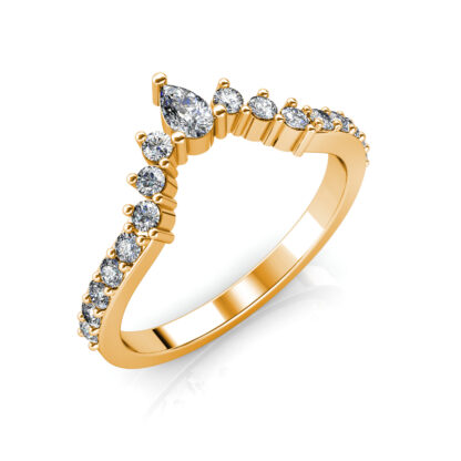 Perspective view of yellow gold pear diamond curved crown band