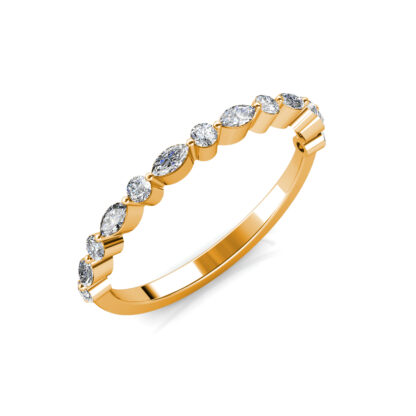 Perspective view of yellow gold marquise and round diamond half eternity ring