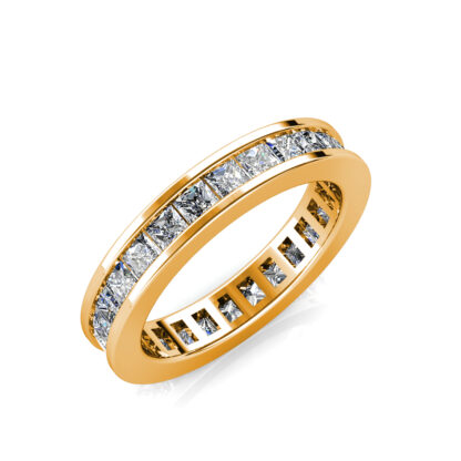 Perspective view of yellow gold princess cut channel-set eternity ring