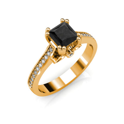 Perspective view of yellow gold black diamond solitaire ring with pave shoulders