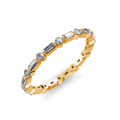 Perspective view of yellow gold baguette and round diamond station eternity band