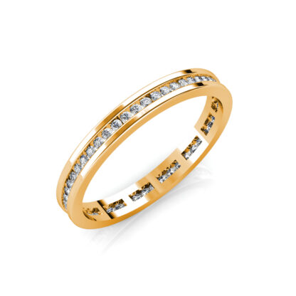 Perspective view of yellow gold slim channel-set diamond eternity band