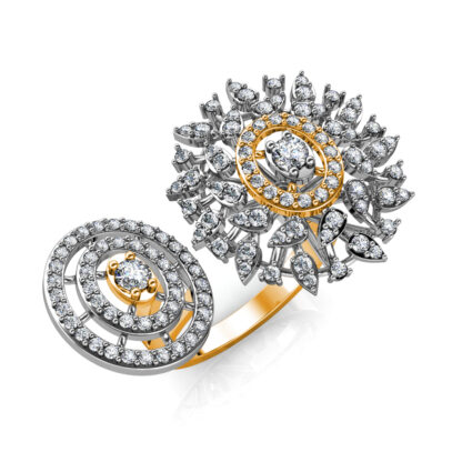 Perspective view of yellow gold two-finger diamond sunburst cocktail ring