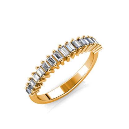 Perspective view of yellow gold prong-set baguette diamond half eternity ring
