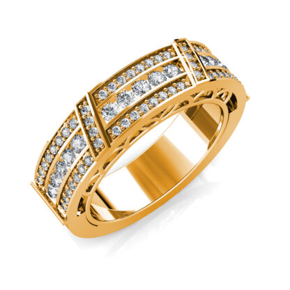 Perspective view of yellow gold wide channel and pave diamond band