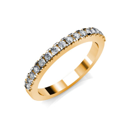 Perspective view of yellow gold shared-prong diamond half eternity band