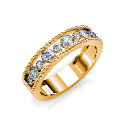 Perspective view of yellow gold beaded milgrain graduated diamond band