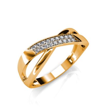 Perspective view of yellow gold pave diamond crossover wedding ring