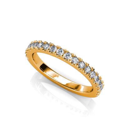 Perspective view of yellow gold prong-set diamond half eternity ring