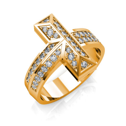 Perspective view of yellow gold pave diamond T shape statement ring