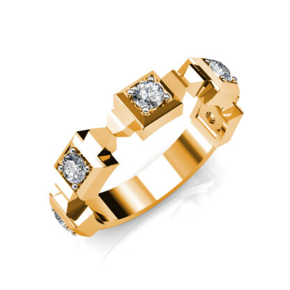 Perspective view of yellow gold geometric block bezel diamond band