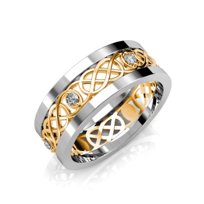 Perspective view of white gold and yellow gold Celtic knot openwork diamond band