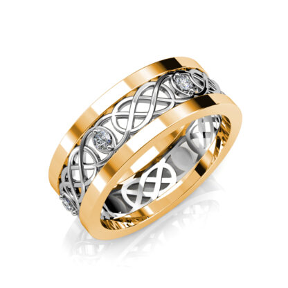 Perspective view of yellow gold and white gold Celtic knot openwork diamond band
